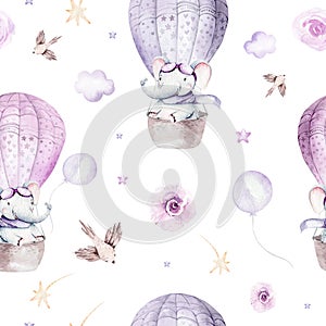 Watercolor purple illustration of a cute animal safary elephant and fancy sky scene complete with airplanes and balloons