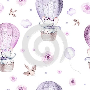 Watercolor purple illustration of a cute animal safary elephant and fancy sky scene complete with airplanes and balloons, clouds.