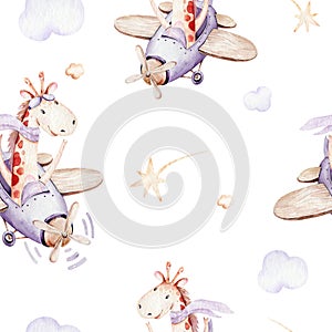 Watercolor purple illustration of a cute animal safary giraffe and fancy sky scene complete with airplanes and balloons