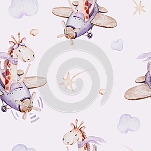 Watercolor purple illustration of a cute animal safary giraffe and fancy sky scene complete with airplanes and balloons