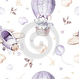 Watercolor purplecute animal safary elephant and airplane. sky scene plane and balloons, clouds. Baby Boy and girl