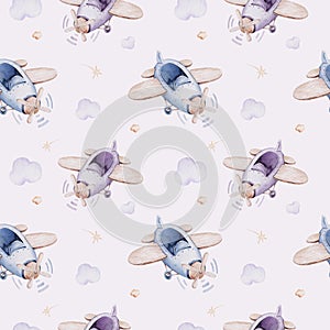 Watercolor purple illustration of a cute and fancy sky scene complete with airplanes and balloons, clouds. Baby Boy and