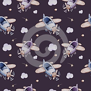 Watercolor purple illustration of a cute and fancy sky scene complete with airplanes and balloons, clouds. Baby Boy and