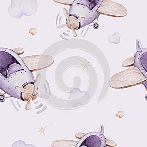 Watercolor purple illustration of a cute and fancy sky scene complete with airplanes and balloons, clouds. Baby Boy and