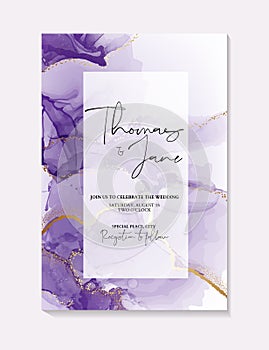 Watercolor purple ink splash with gold foil sparkles  on Bridal shower template, wedding invitation, save the date card