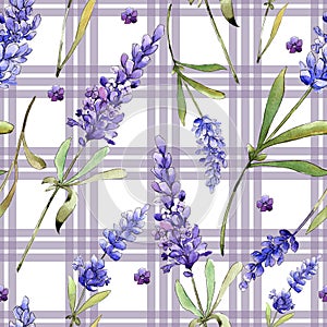 Watercolor purple lavender flowers. Floral botanical flower. Seamless background pattern.