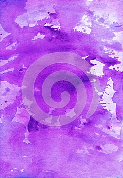 Watercolor purple splash background texture. Violet and pink liquid backdrop. Artistic watercolour overlay. Stains on paper