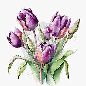 Watercolor purple tulips on white background. Generative ai