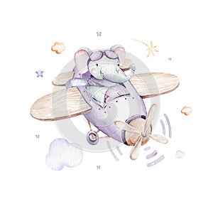 Watercolor purplecute animal safary elephant and airplane. sky scene plane and balloons, clouds. Baby Boy and girl