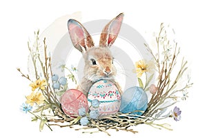 Watercolor rabbit with Easter egg, wreath of spring flowers and willow branches