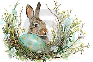 Watercolor rabbit with Easter egg, wreath of spring flowers and willow branches