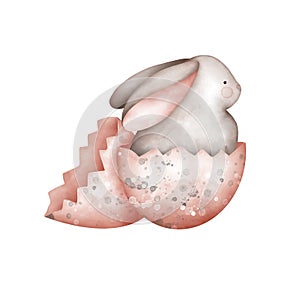 Watercolor rabbit in eggshell isolated on white. Easter postcard design