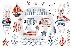 Watercolor rabbit nursery sailor, cartoon seaman animal set. Hand painted Cute childish character collection, aquarelle