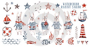 Watercolor rabbit sailor, cartoon seaman set