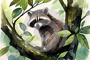 Watercolor of raccoon tiptoeing along a tree branch