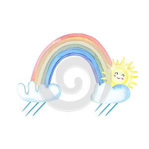 Watercolor rain,rainbow,clouds, sun on white background.Color realistic spectrum.Cute Watercolour illustration