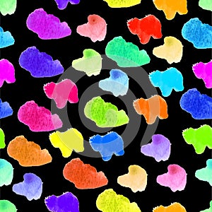 Watercolor rainbow blots. Vector illustration. Abstract shapes seamless pattern. Bright template. Black background. Textured