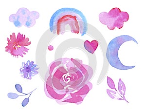 Watercolor rainbow cloud moon and heart set collection isolated. Pink violet blue isolated images for cards, banner, textile, invi