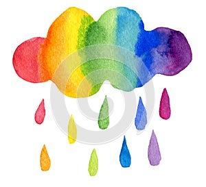 Watercolor rainbow cloud and rain illustration isolated on white background. Hand painting weather illustration.