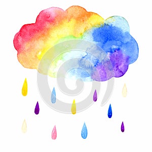 Watercolor rainbow cloud with raindrops