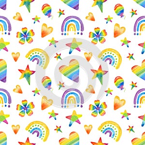 Watercolor rainbow, floral and heart seamless pattern isolated on white background. Hand painting gay pride illustration