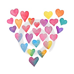 Watercolor rainbow hearts. Heart shape frame isolated on white background. Collection of hand painted color hearts. Valentines Day