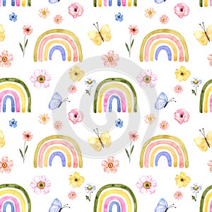 Watercolor rainbow seamless pattern. Hand painted pastel rainbows, butterfly and pretty flowers on white background