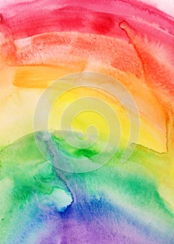 Watercolor rainbow sky background. Texture brush paint drawing. Artistic colorful vibrant fabric design. Kids textile