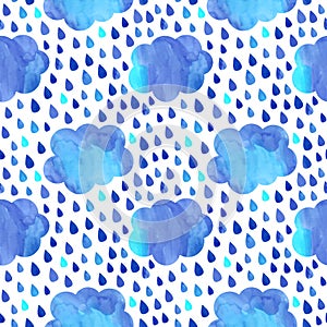 Watercolor rainy clouds with drops seamless vector pattern (blue and light blue colors).