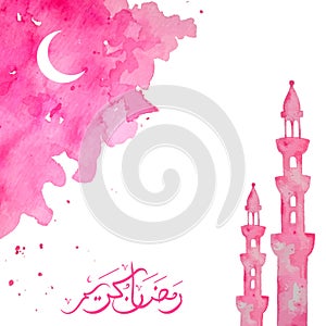 Watercolor ramadan greeting design with crescent moon and minarets illustration