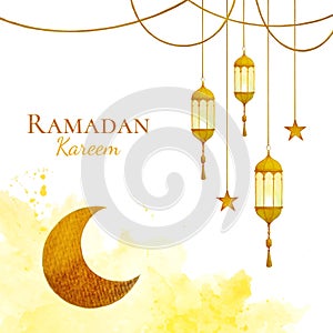 Watercolor ramadan kareem design with hanging lanterns, crescent moon and stars ornament