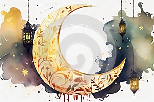 Watercolor ramadan mubarak gold crescent moon. Generative ai