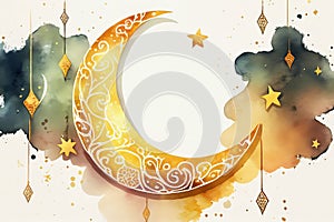 Watercolor ramadan mubarak gold crescent moon. Generative ai design