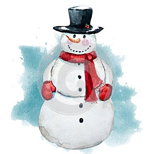Watercolor raster hand drawn snowman
