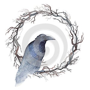 Watercolor raven on a wreath of bare branches