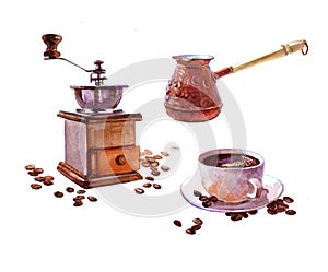 Watercolor realistic coffee ibrik with coffee cup isolated photo