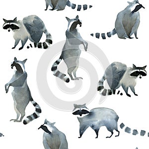 Watercolor realistic forest animal sketch. Seamles pattern about many of raccoons