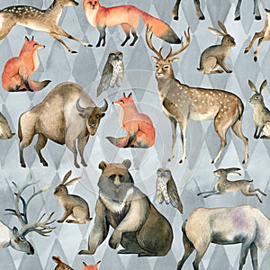 Watercolor realistic forest animal sketch. Seamles pattern about red fox, hare, brown bear, deer, elk, owl, bison, stag