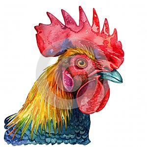 Watercolor realistic rooster face on a white background. Print for postcard, mug, baseball cap, notepad, notebook