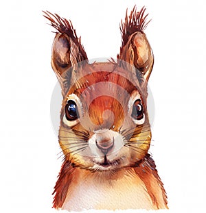 Watercolor realistic squirrel face on a white background. Print for postcard, mug, baseball cap, notepad, notebook