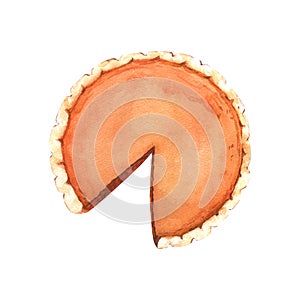 Watercolor realistic traditional dessert for Thanksgiving dinner, orange pumpkin pie. Hand-drawn illustration isolated