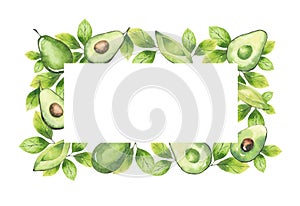 Watercolor rectangular frame from avocado and greenery elements isolated on white background