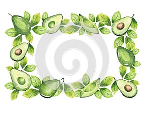 Watercolor rectangular frame from avocado and greenery elements isolated on white background