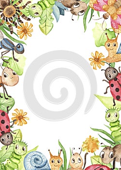 Watercolor rectangular frame with cute cartoon insects.