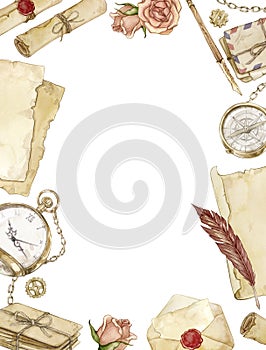 Watercolor rectangular frame with letters, pocket watch, compass, roses, old paper and scrolls isolated on a white.