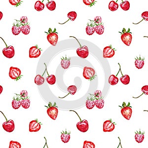 Watercolor red berries seamless pattern on white background. Fresh summer fruits print. Strawberries, cherry, rasberry