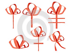 Watercolor red bows and ribbons on a gift box to create a gift design for new year, birthday, wedding and other holidays