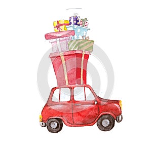Watercolor red car with christmas presents, christmas decoration