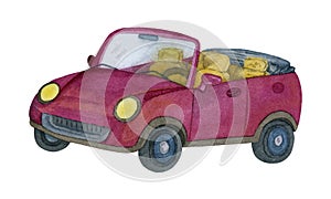 Watercolor red car. Handmade illustration