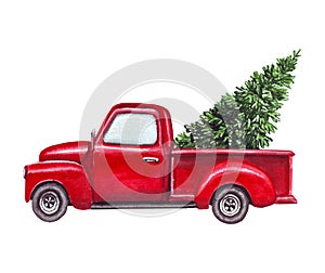 Watercolor red car, truck with green christmas tree isolated on white background